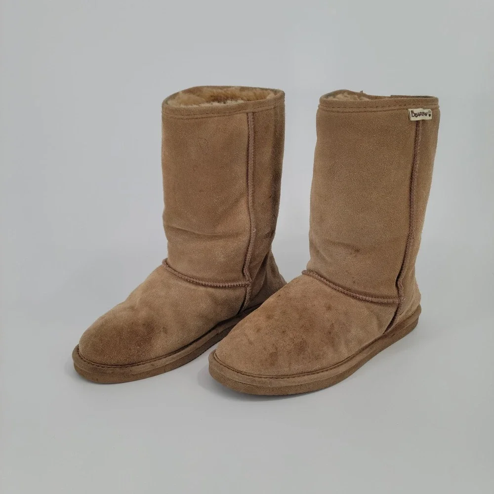 Bearpaw Fur Boots Womens 10 Tan Suede Sheepskin Wool Lining M410W-EVA Winter